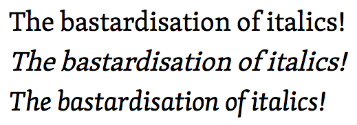 Skolar regular, faux italic and genuine italic text comparison